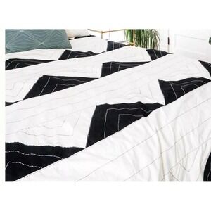 Anchal Project Duvet Cover Kantha Hand Stitched Geometric White Black Full Queen
